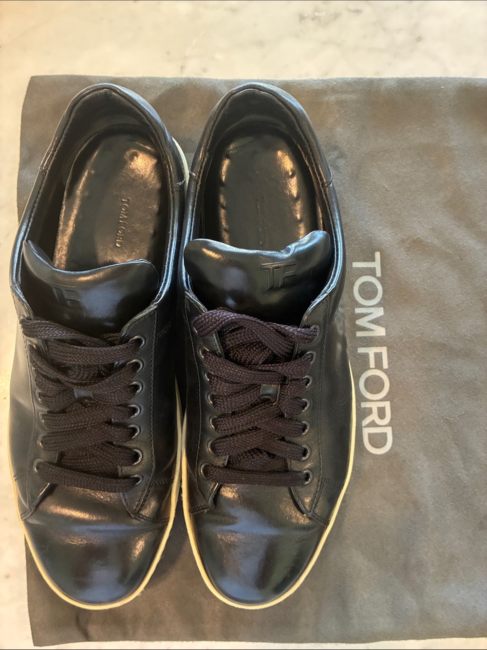 Tom Ford Black Leather Sneakers with Cream Contrast Sole